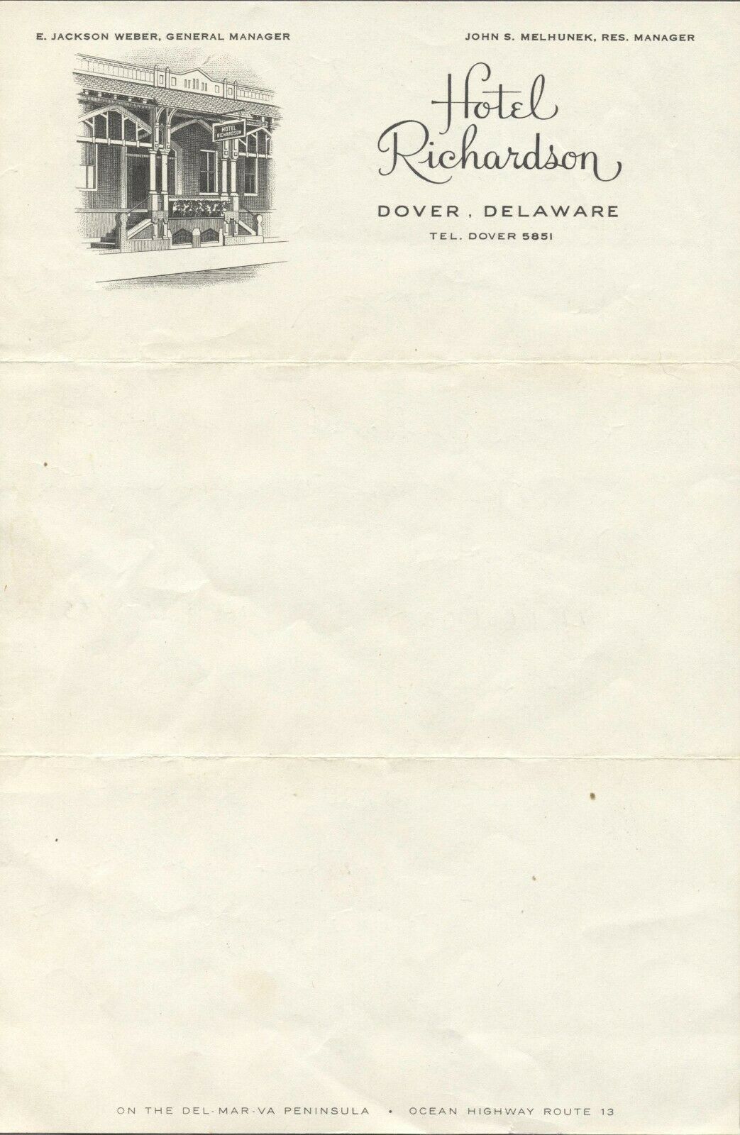 Hotel Richardson Stationery, Dover, De Vintage, Feb 1950